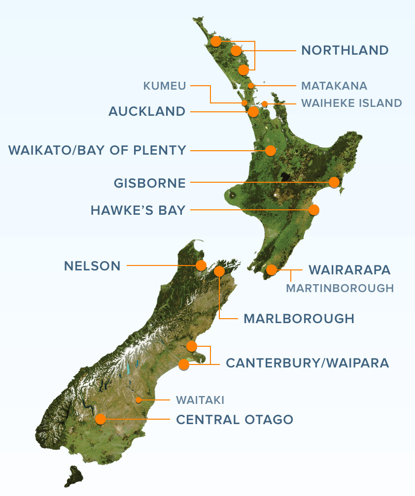 Mapa vinícola da Nova Zelândia