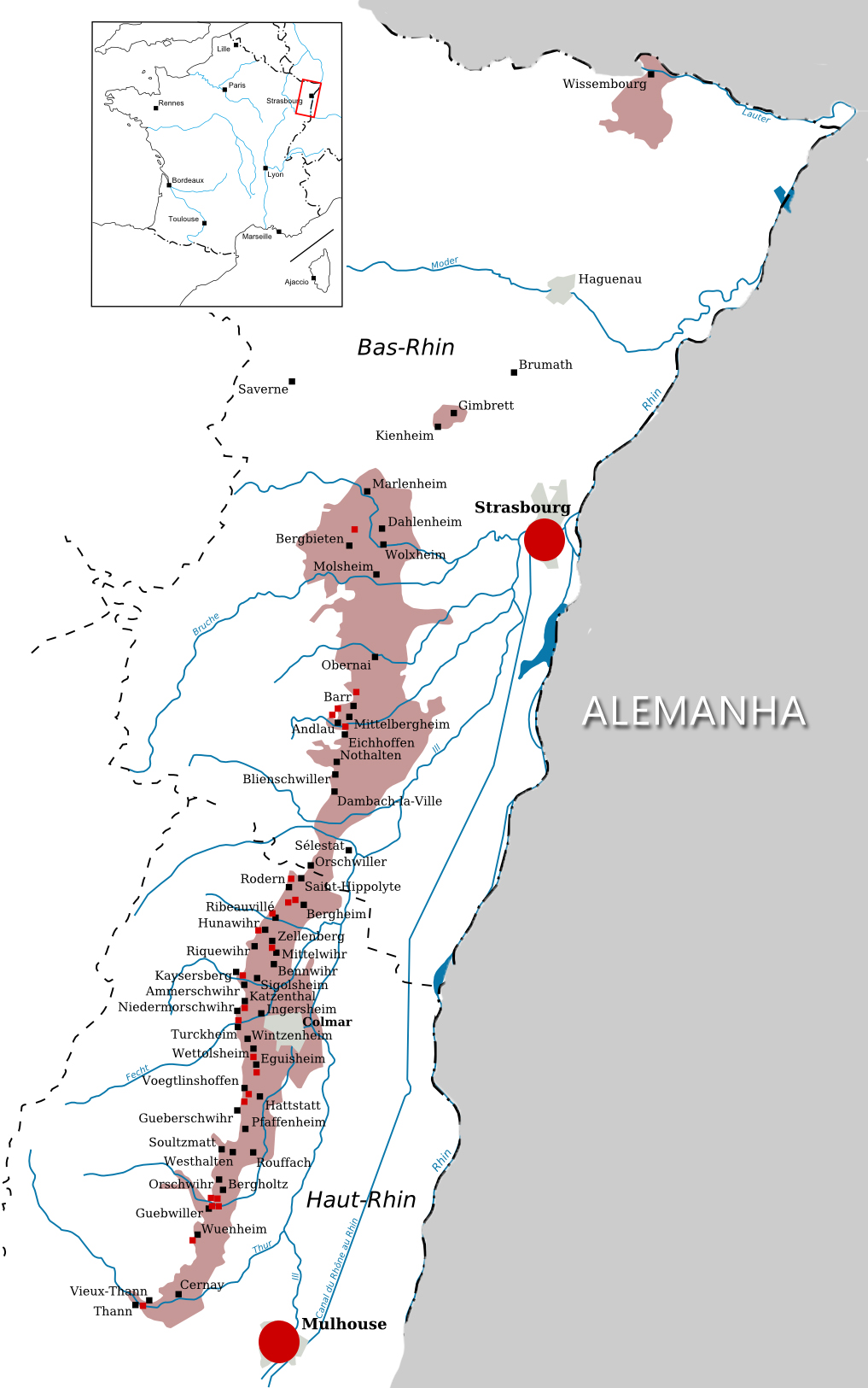 Mapa vinícola da Alsace